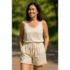 Women's Beige Shorts Fringe Drawstring Waist Size XL Minimalist Coastal Grandma